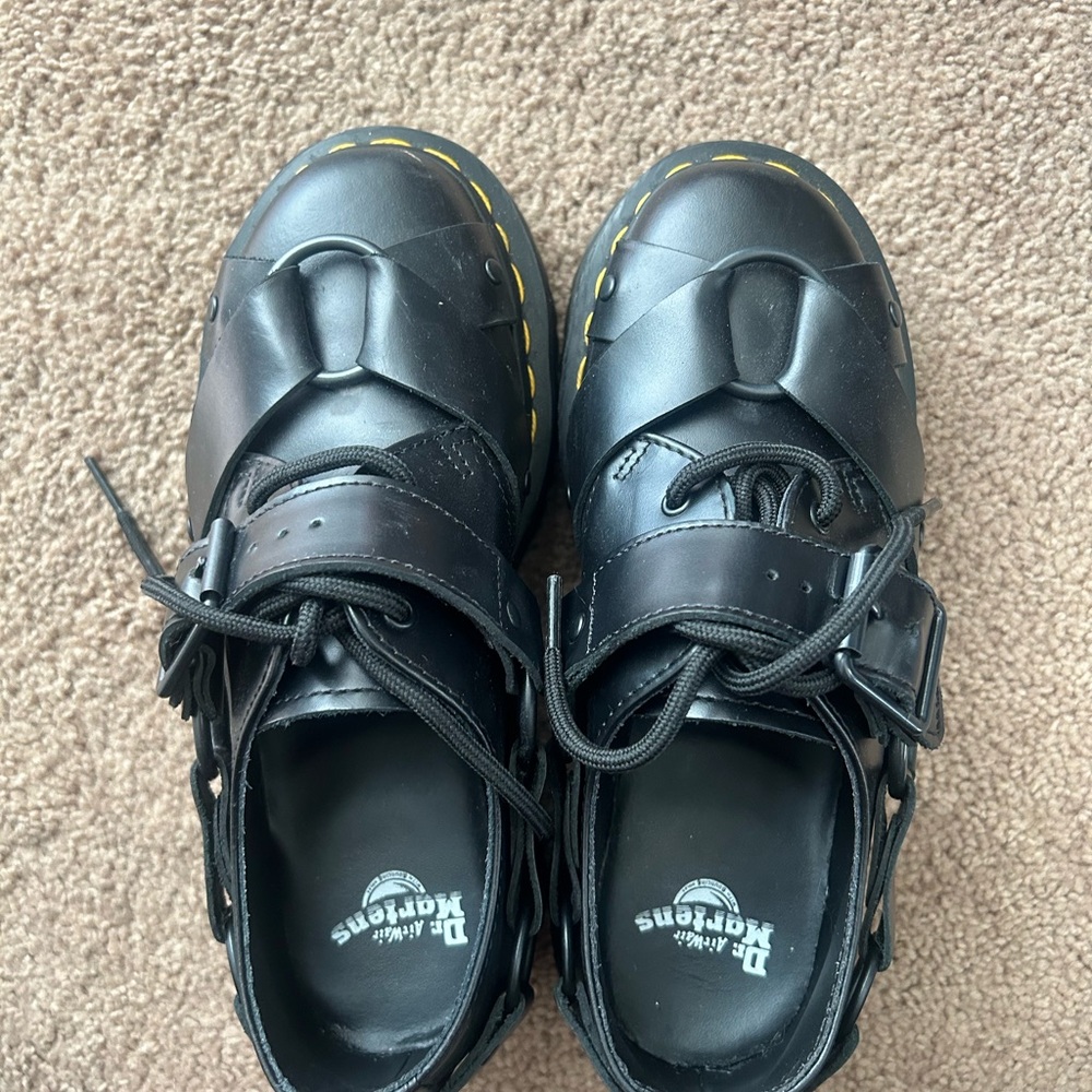 Dr. Martens Black Leather Mary Jane Shoes with Yellow Stitching - Picture 7 of 8